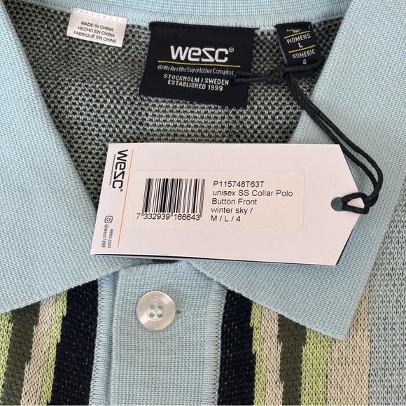 WESC Collar Polo Button Front Blue/Green Ripple Sky Pattern Men's M Women L NWT - Picture 6 of 10